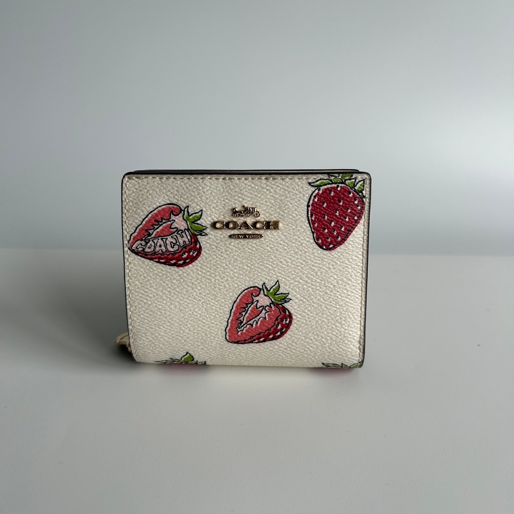 Coach Small Snap Bifold Wallet Chalk Multi Wild Strawberry Canvas Leather CAP18